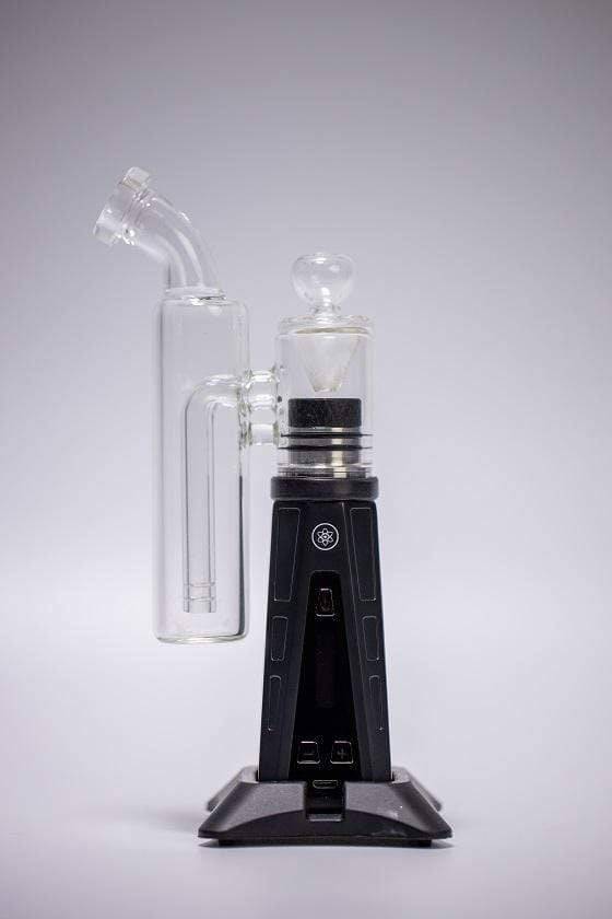 Front view of the Dabtech Elite Plus Glass V2| featuring a sleek black base and clear glass top, illuminated against a neutral background.