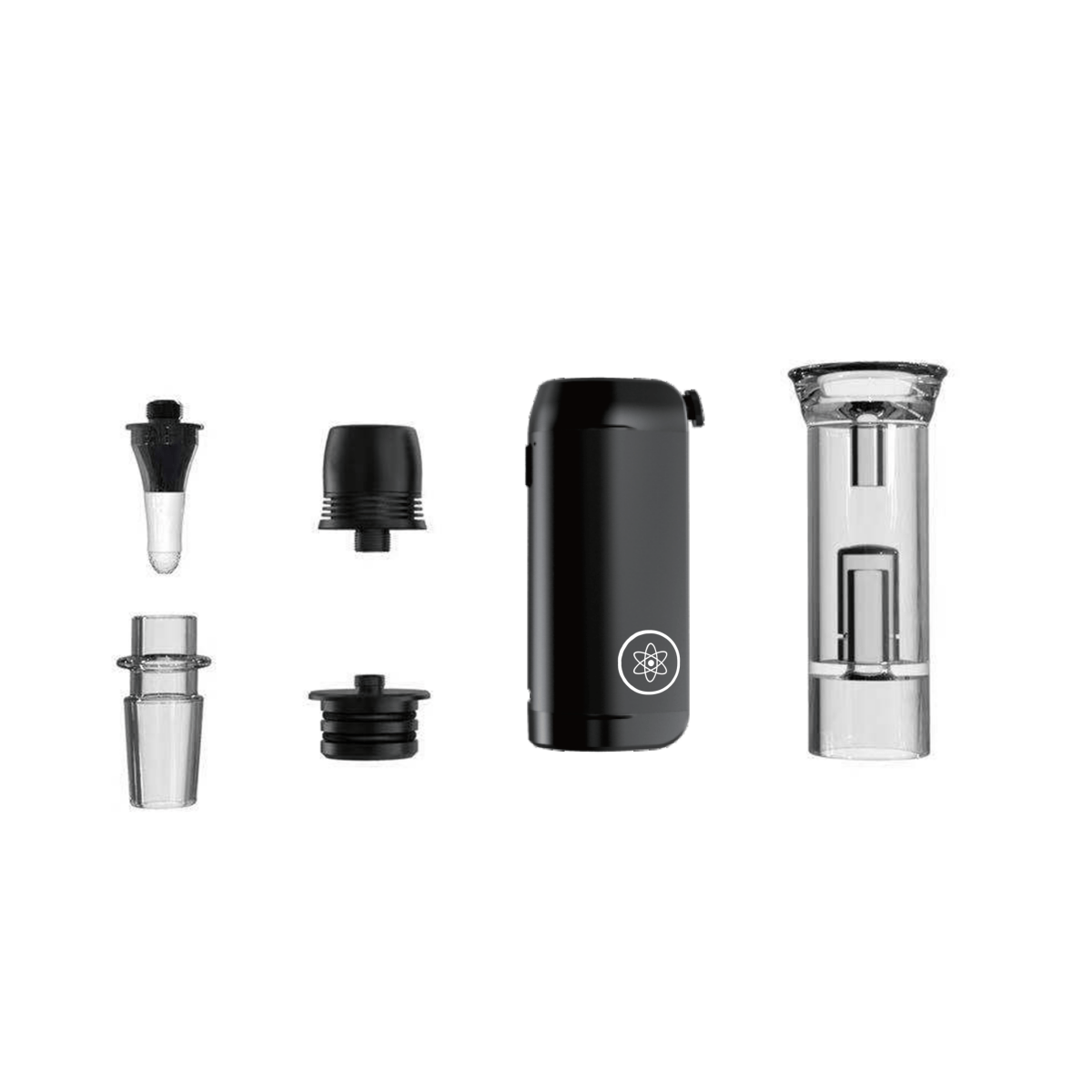 A studio shot of the DabTech Trio, showcasing a clear glass attachment next to a black enail and ceramic insert.