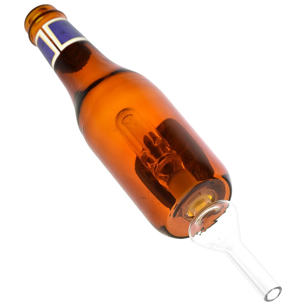 A close-up, angled view of the Dabtized Beer Burner Bubbler Dab Straw in clear glass, showing its curved design.
