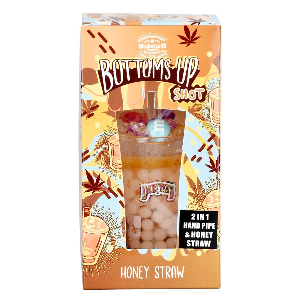 Front view of the Dabtized Bottoms Up Shot Glass 2 In 1 Honey Straw, showing a clear glass with a straw attachment.