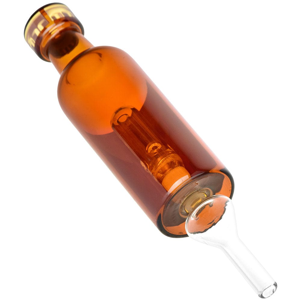 A close-up shot of the Dabtized Liquor Bottle Bubbler Dab Straw with a clear glass body and curved design.
