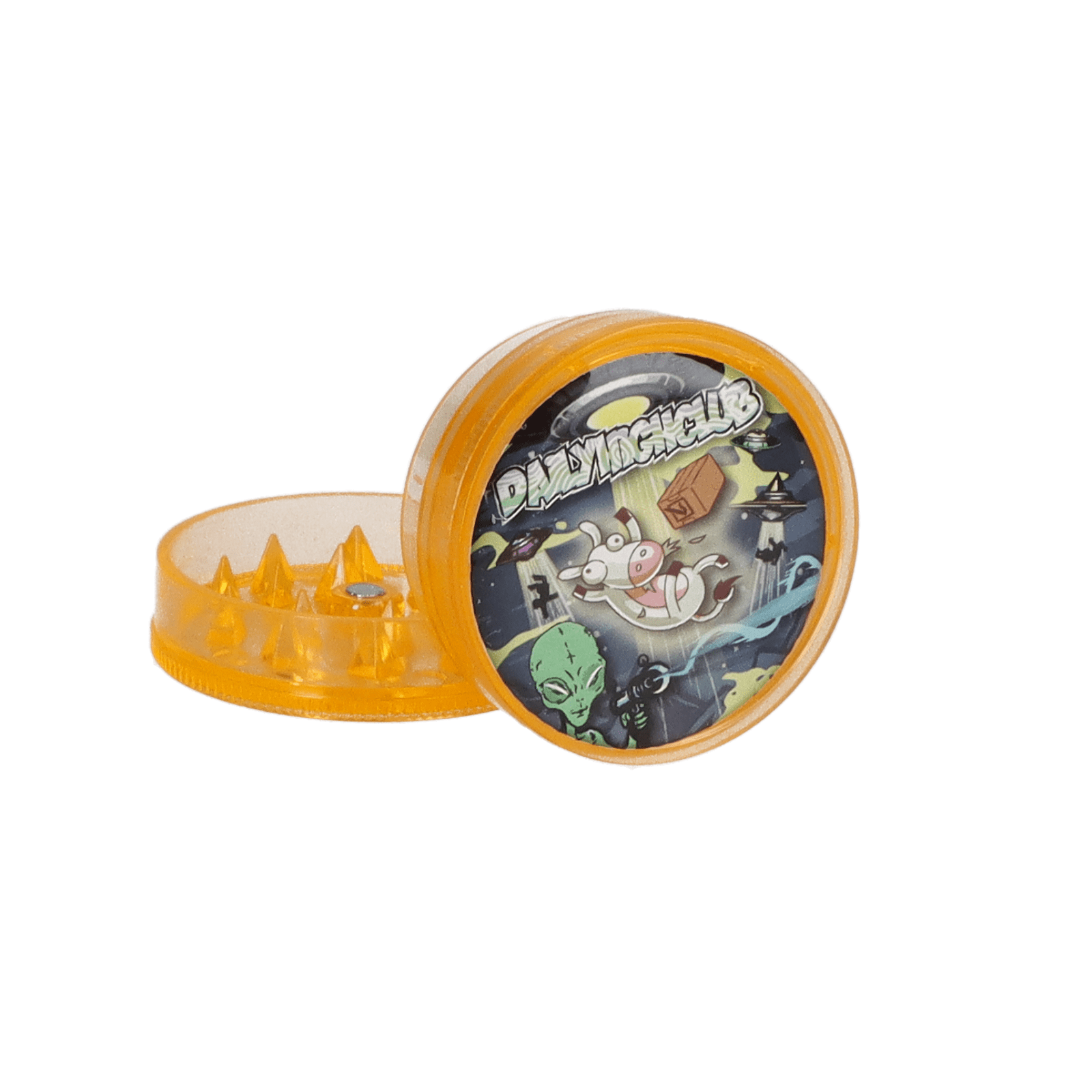 A top-down view of the 2 Piece Abduction Themed Grinder, showcasing its two-part metallic construction and detailed, patterned surface.