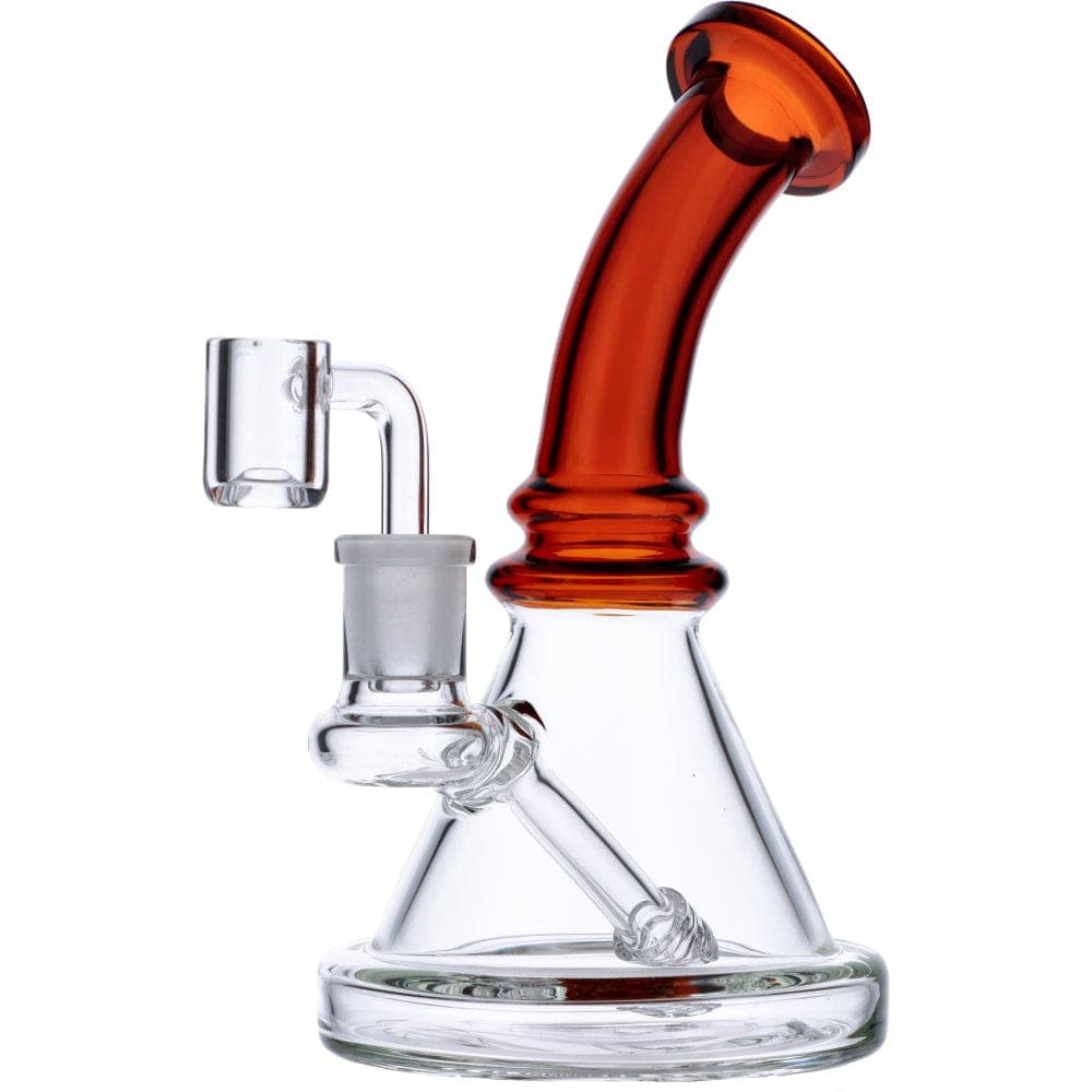A front view of the 7" Mini Bent Neck Waterpipe - Amber, showing the curved neck and clear glass construction.