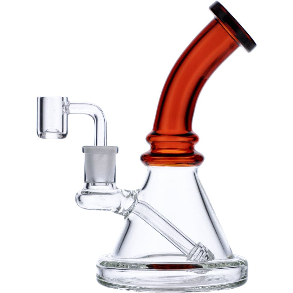 A front view of the 7" Mini Bent Neck Waterpipe - Amber, showcasing its curved neck and clear glass construction.