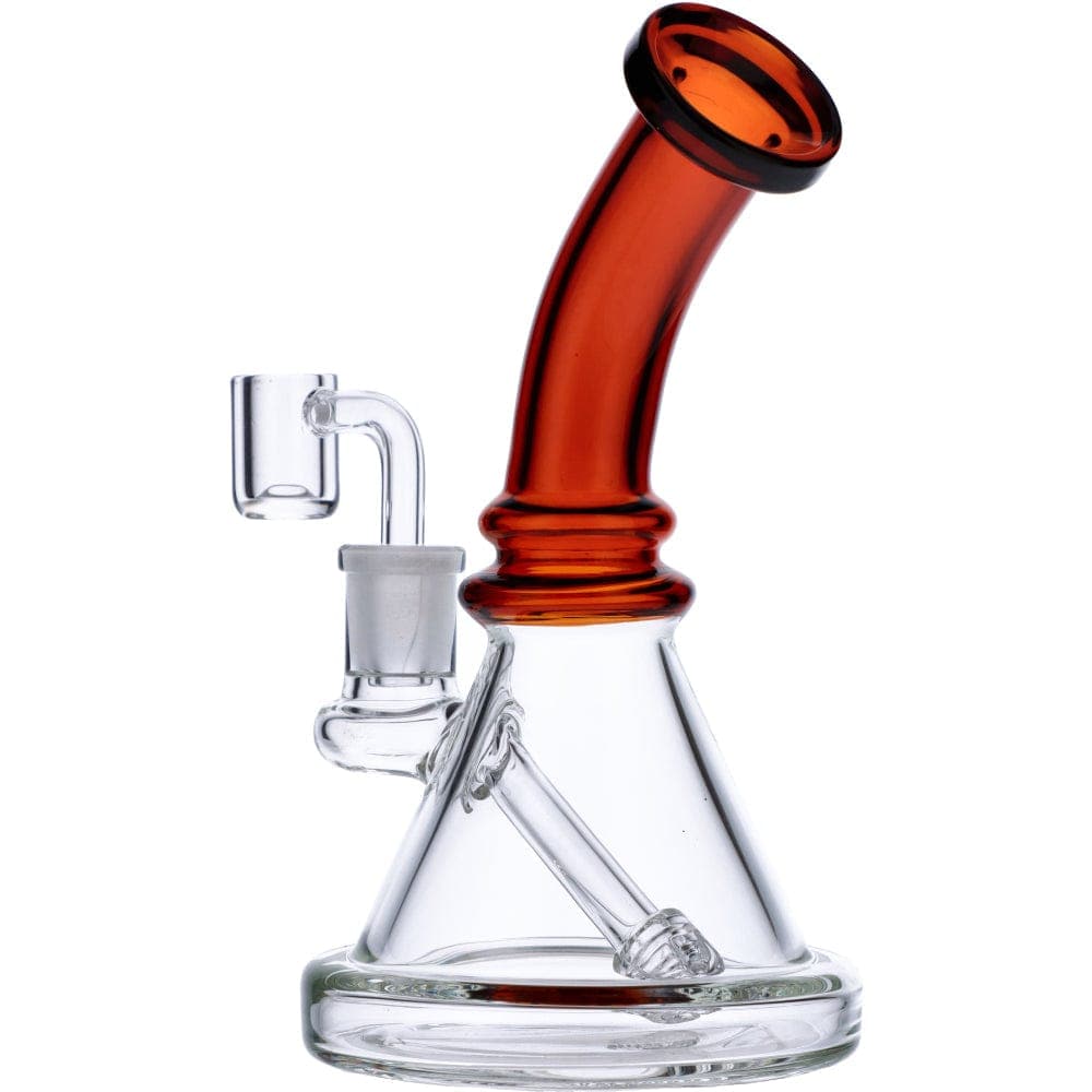 A front view of the 7" Mini Bent Neck Waterpipe - Amber, showcasing its curved neck and clear glass construction.