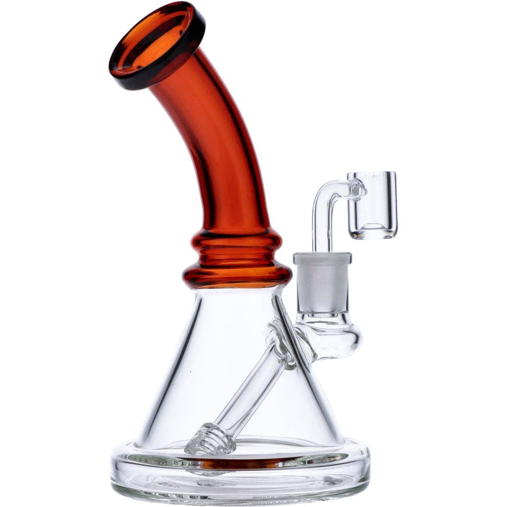 Front view of the 7” Mini Bent Neck Waterpipe - Amber, displaying its curved neck and clear amber-colored glass construction.