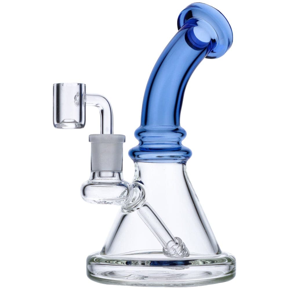 Front view of the 7" Mini Bent Neck Waterpipe in blue glass, highlighting its curved neck and simple design.