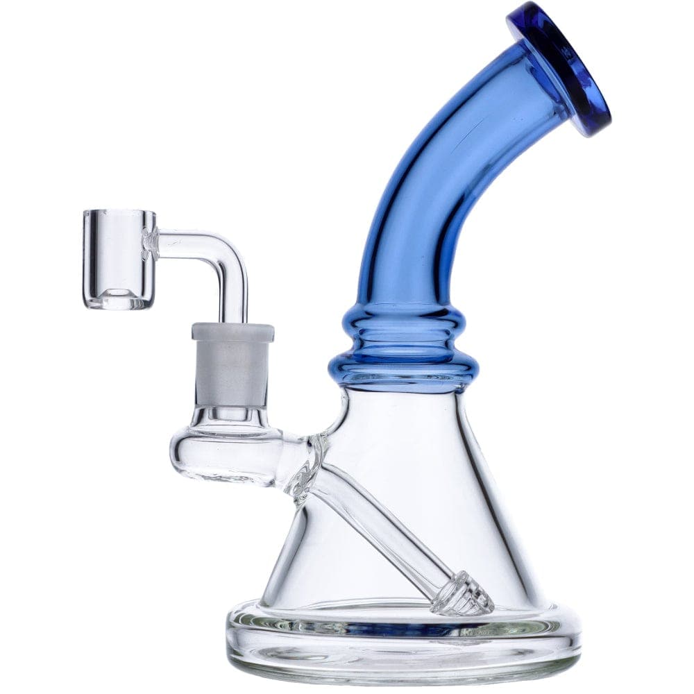 A three-quarter view of the 7" Mini Bent Neck Waterpipe - Blue, showcasing its curved neck and clear glass construction.