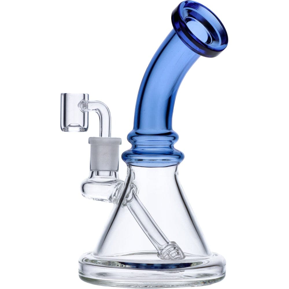 A front view of the 7" Mini Bent Neck Waterpipe - Blue, showcasing its curved neck and clear glass construction.