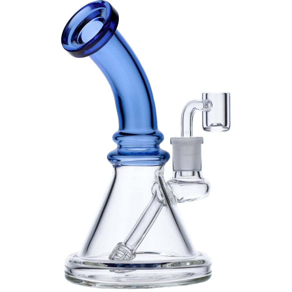 A front view of the 7" Mini Bent Neck Waterpipe - Blue, showcasing its curved neck and clear glass construction.