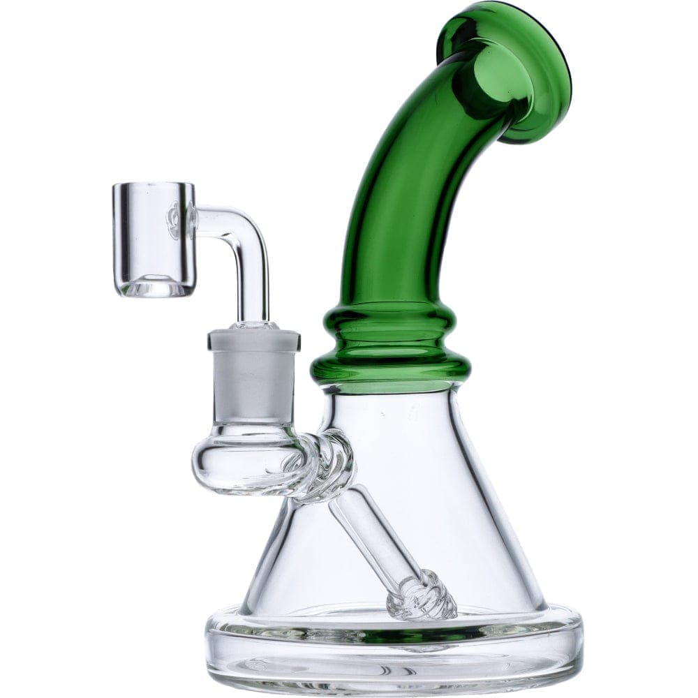 A front view of the 7" Mini Bent Neck Waterpipe - Green, showcasing its curved neck and clear glass construction.