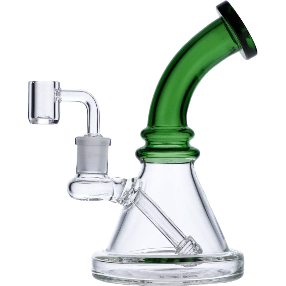 A front view of the 7" Mini Bent Neck Waterpipe - Green, showcasing its curved neck and clear glass construction.
