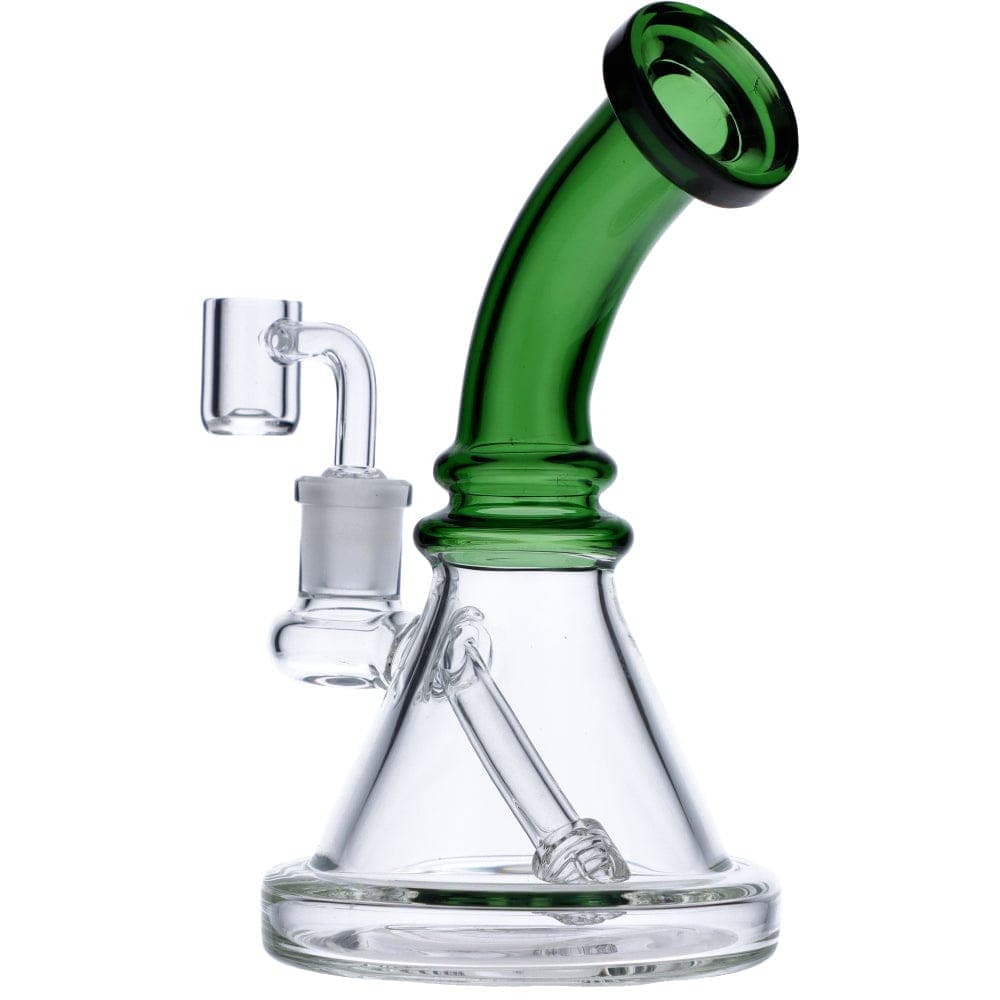 A front view of the 7" Mini Bent Neck Waterpipe – Green, showcasing its curved neck and clear glass construction.