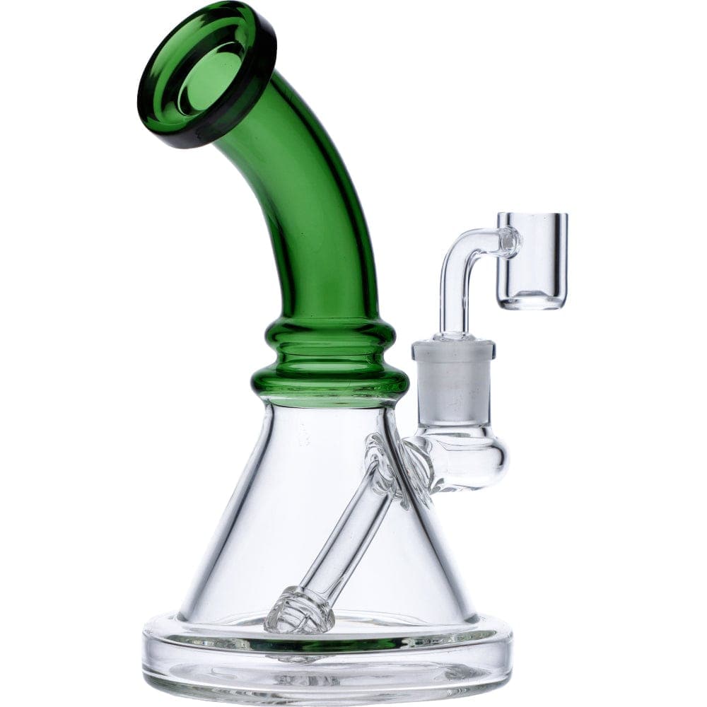 A front view of the 7" Mini Bent Neck Waterpipe - Green, showing the curved neck and clear glass construction.