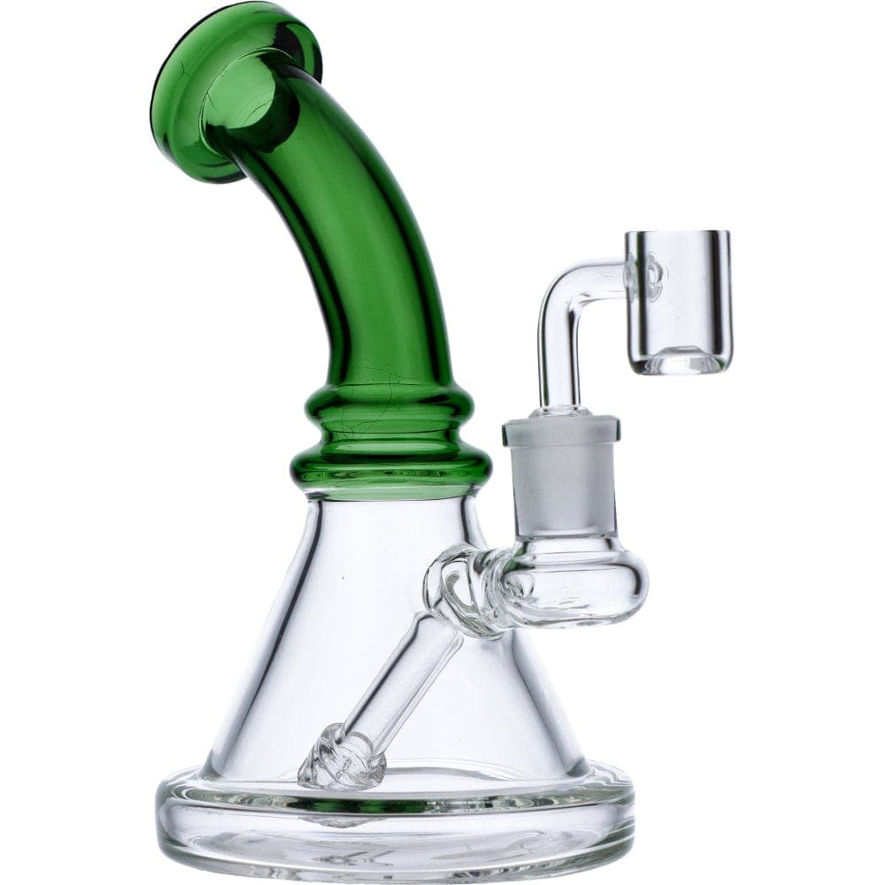 A front view of the 7" Mini Bent Neck Waterpipe - Green, showing its curved neck and glass construction against a plain white background.