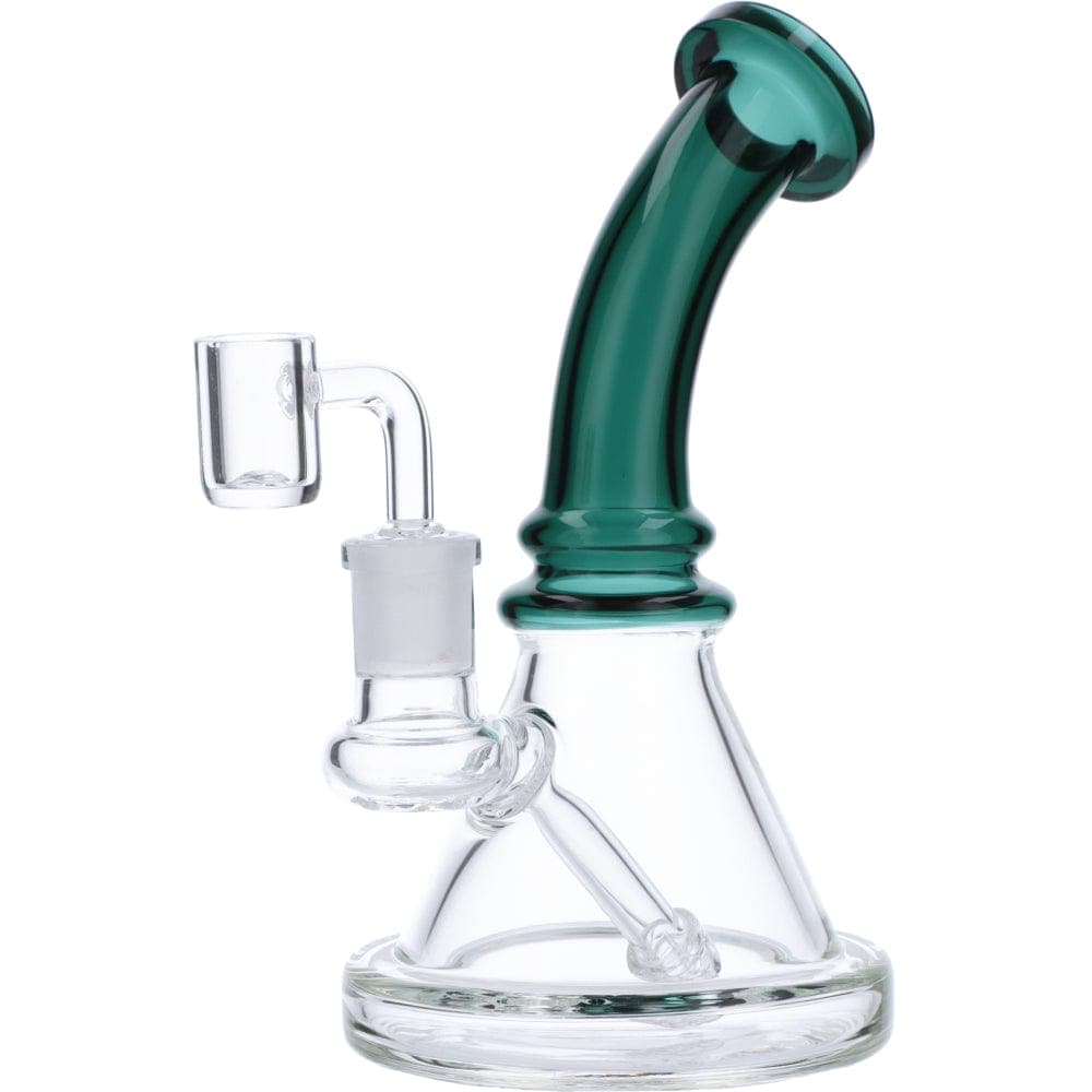A front view of the 7” Mini Bent Neck Waterpipe - Teal, showing its gently curved neck and clear glass construction.