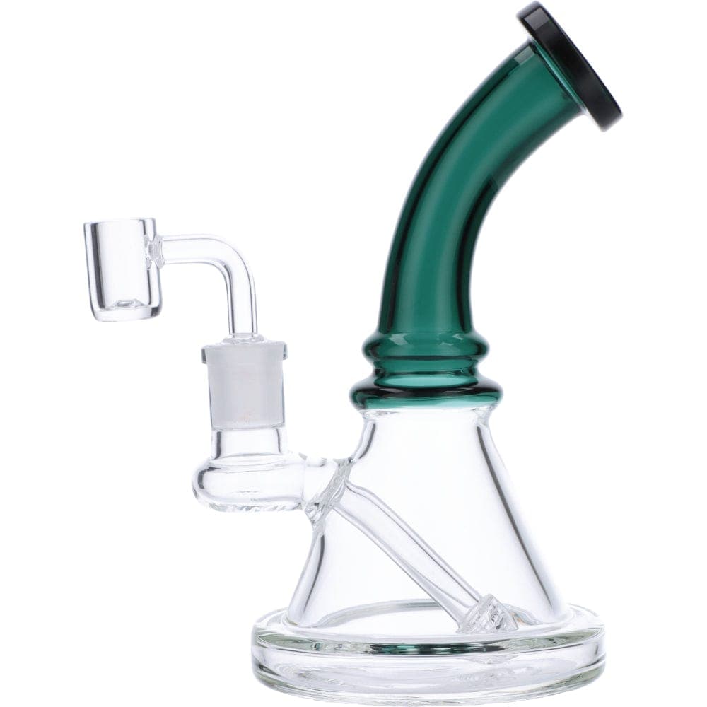 A studio shot of the 7" Mini Bent Neck Waterpipe - Teal, showcasing its curved neck and clear glass construction.