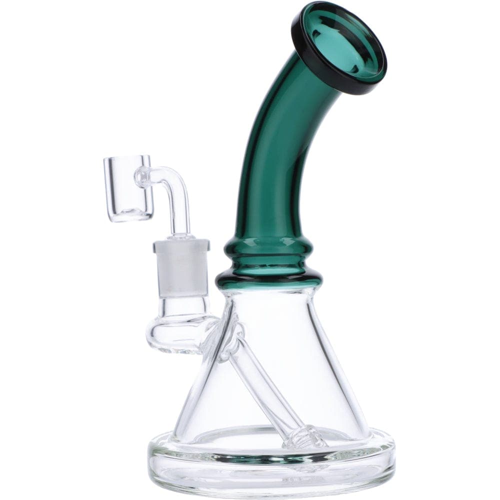 A front view of the 7" Mini Bent Neck Waterpipe - Teal, showing the teal-colored neck and clear glass body.