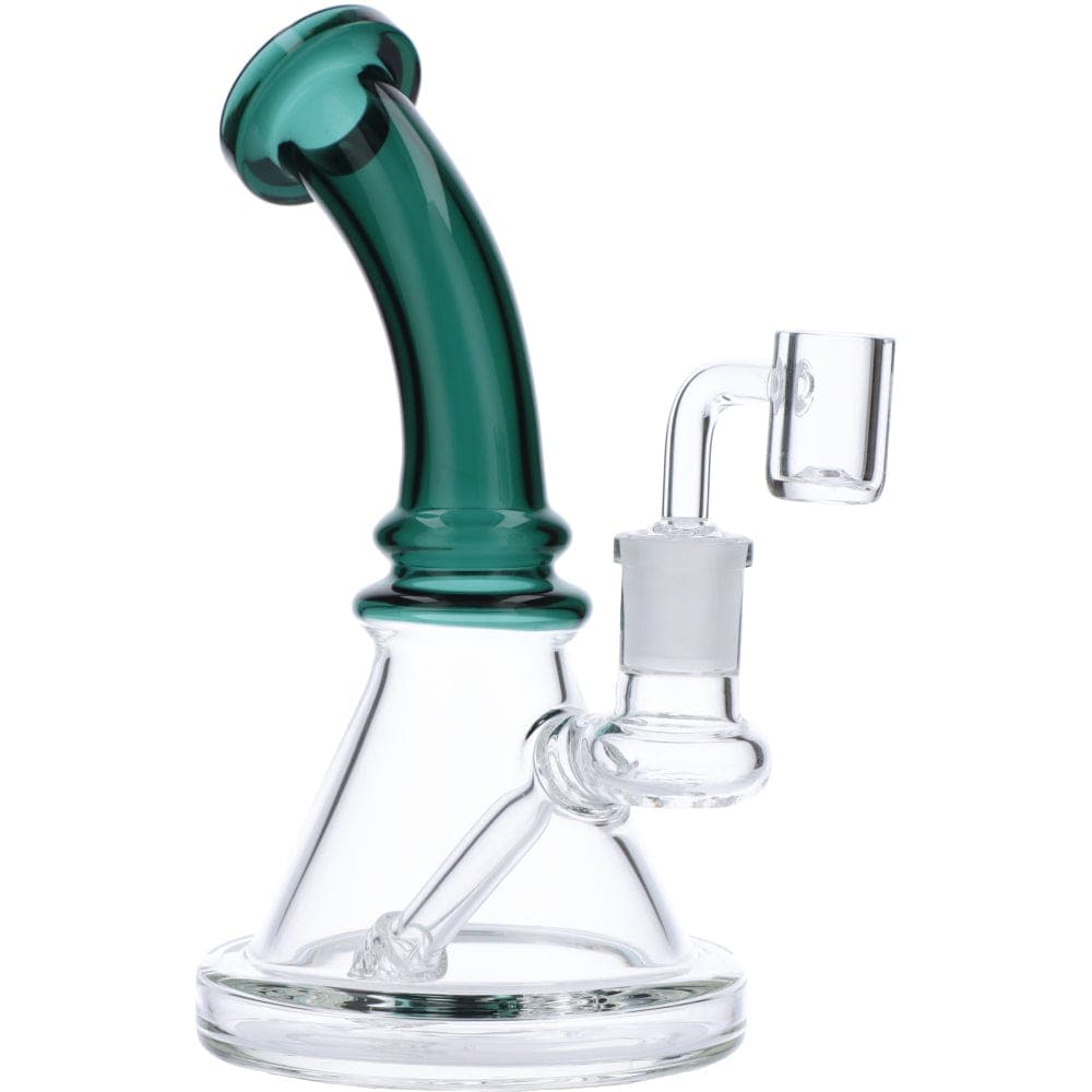 A front view of the 7" Mini Bent Neck Waterpipe - Teal, displaying a curved neck and clear glass construction.