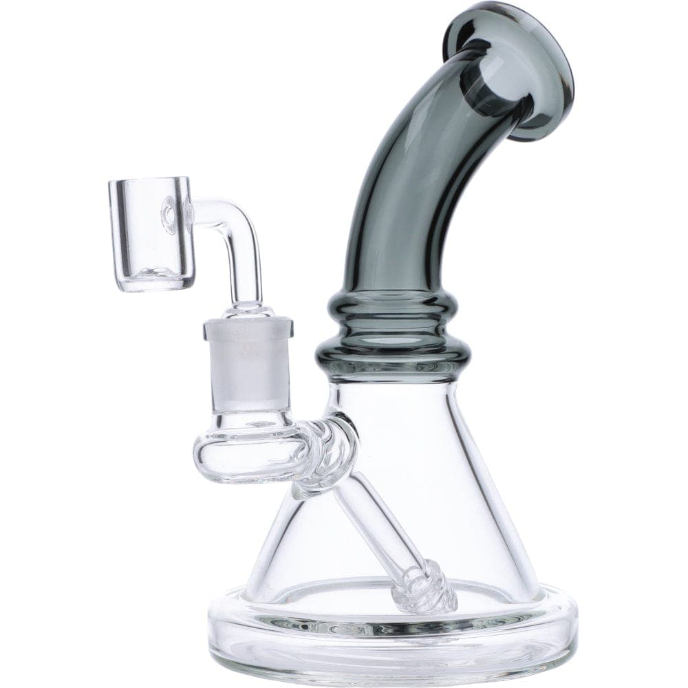 Front view of the 7" Mini Bent Neck Waterpipe - Transparent Black, showcasing its clear glass construction and angled neck.