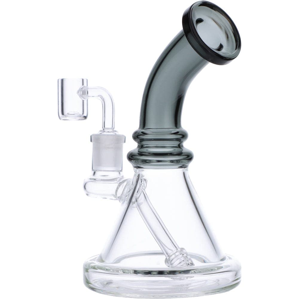 Front view of the 7" Mini Bent Neck Waterpipe - Transparent Black, highlighting its clear glass construction and curved neck design.