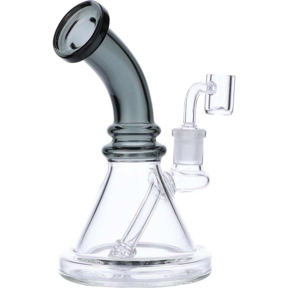 Front view of the 7" Mini Bent Neck Waterpipe - Transparent Black, showing its clear glass construction and angled neck design.