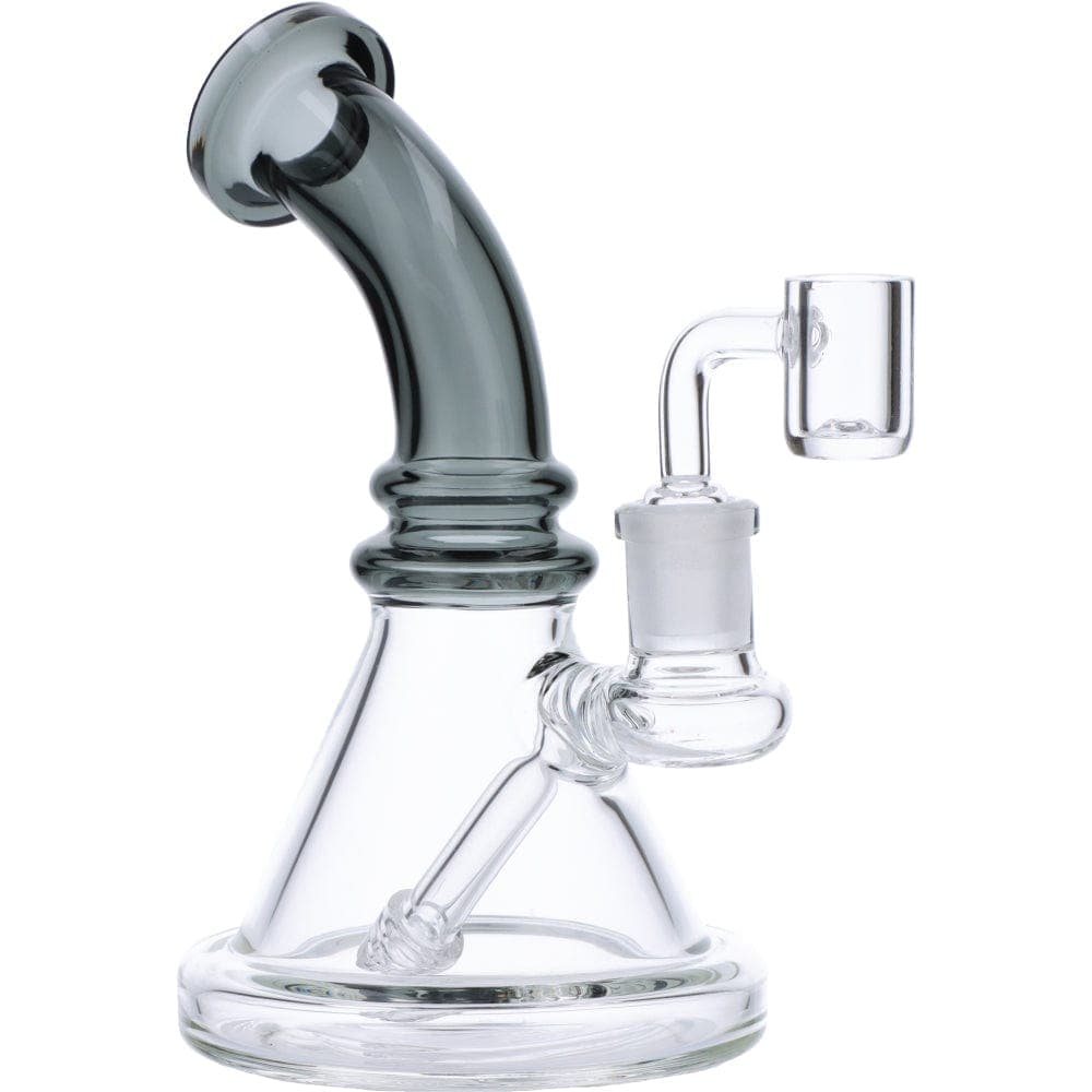 Front view of the 7" Mini Bent Neck Waterpipe - Transparent Black, showcasing its curved neck and clear glass construction.