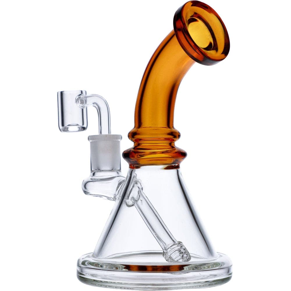 Front view of the 7" Mini Bent Neck Waterpipe - Yellow, showcasing its curved neck and clear glass construction.
