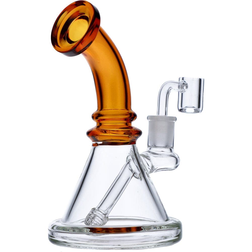 A front view of the 7" Mini Bent Neck Waterpipe in yellow glass, showcasing its curved neck and simple design.