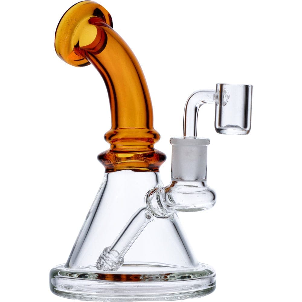 A front view of the 7” Mini Bent Neck Waterpipe - Yellow, showcasing its curved neck and clear glass construction.