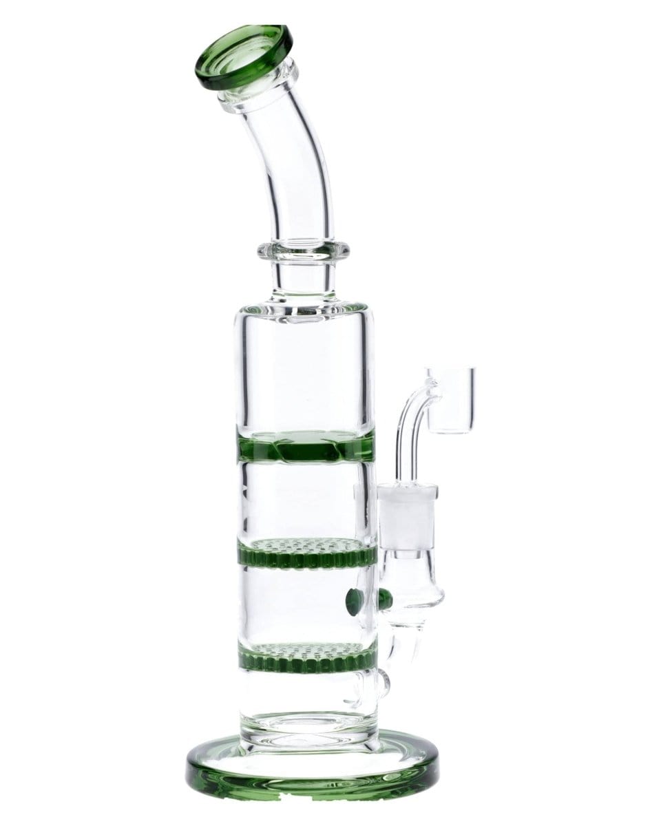 Front view of the 9.5" Triple Honeycomb Dab Rig, showcasing its clear glass construction and triple honeycomb perc design.