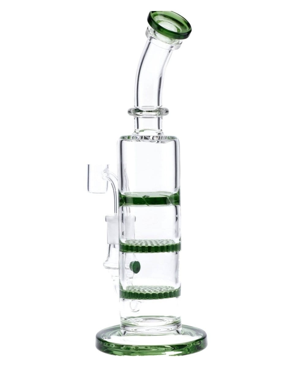 A studio shot of the 9.5" Triple Honeycomb Dab Rig, displaying its clear glass construction and unique honeycomb perc design.