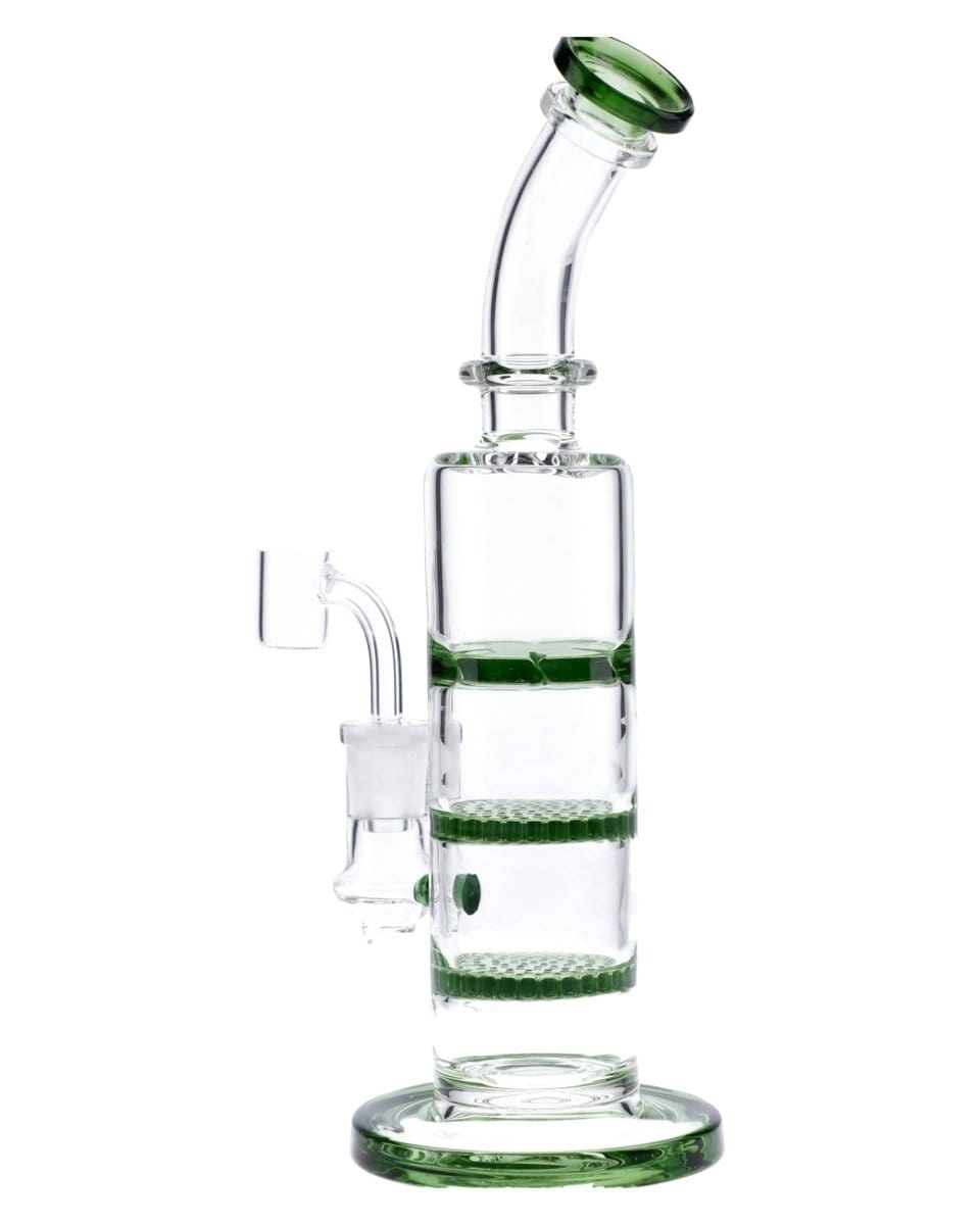 Front view of the 9.5" Triple Honeycomb Dab Rig, showcasing the clear glass construction and honeycomb perc visible through the chamber.