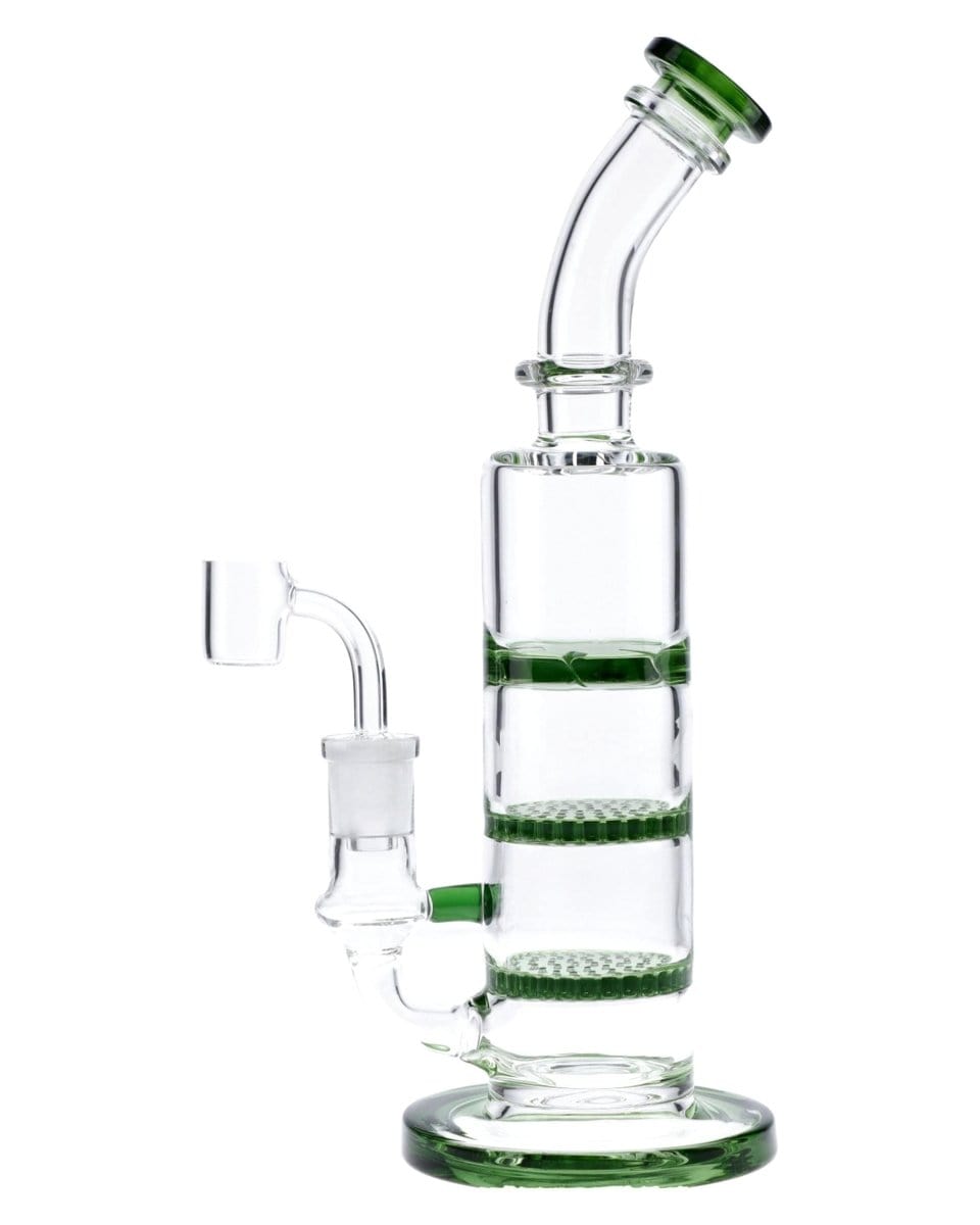 A front view of the 9.5" Triple Honeycomb Dab Rig, featuring a clear glass body with a honeycomb percolator visible inside.