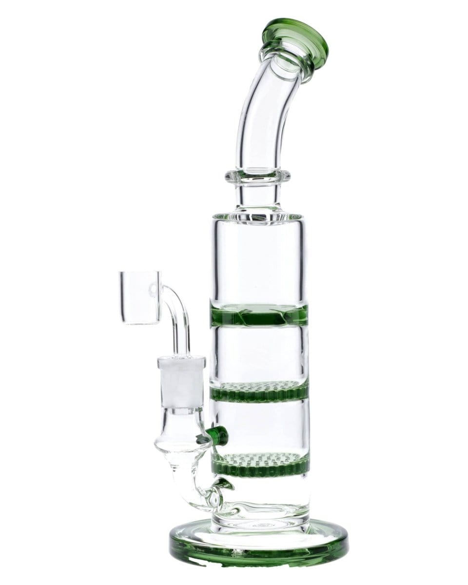 Front view of the 9.5" Triple Honeycomb Dab Rig, showing a clear glass rig with a honeycomb diffusion setup.