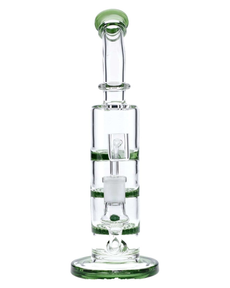 Front view of the 9.5" Triple Honeycomb Dab Rig, showcasing its clear glass construction and multi-level honeycomb filtration.