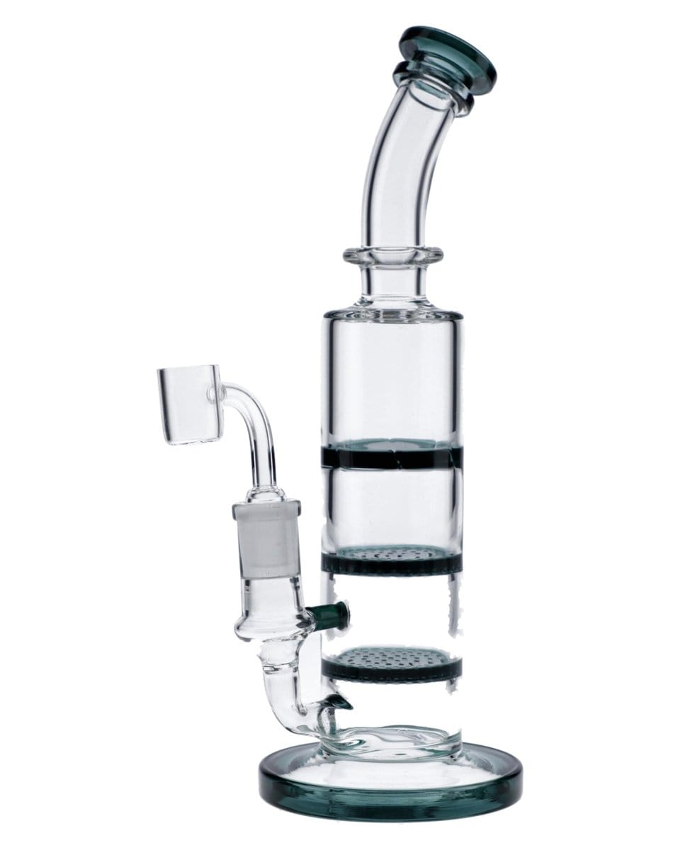 A three-quarter view of the 9.5" Triple Honeycomb Dab Rig, showcasing its clear glass construction and stacked honeycomb perc diffusion.