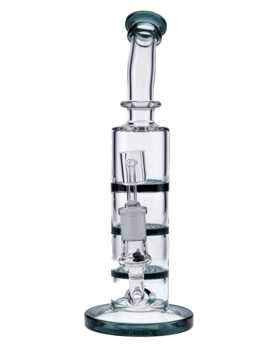 A front view of the 9.5" Triple Honeycomb Dab Rig, showcasing its clear glass construction and unique honeycomb perc design.