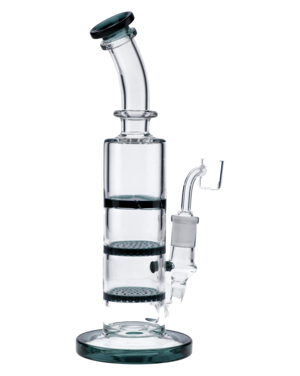 Front view of the 9.5" Triple Honeycomb Dab Rig, showing a clear glass rig with a honeycomb perc and a curved mouthpiece.