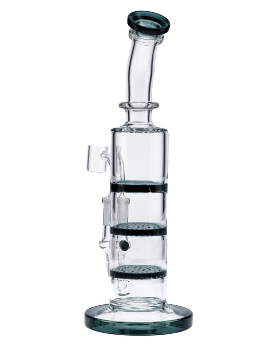Front view of the 9.5" Triple Honeycomb Dab Rig, showcasing its clear glass construction and triple honeycomb filtration system.