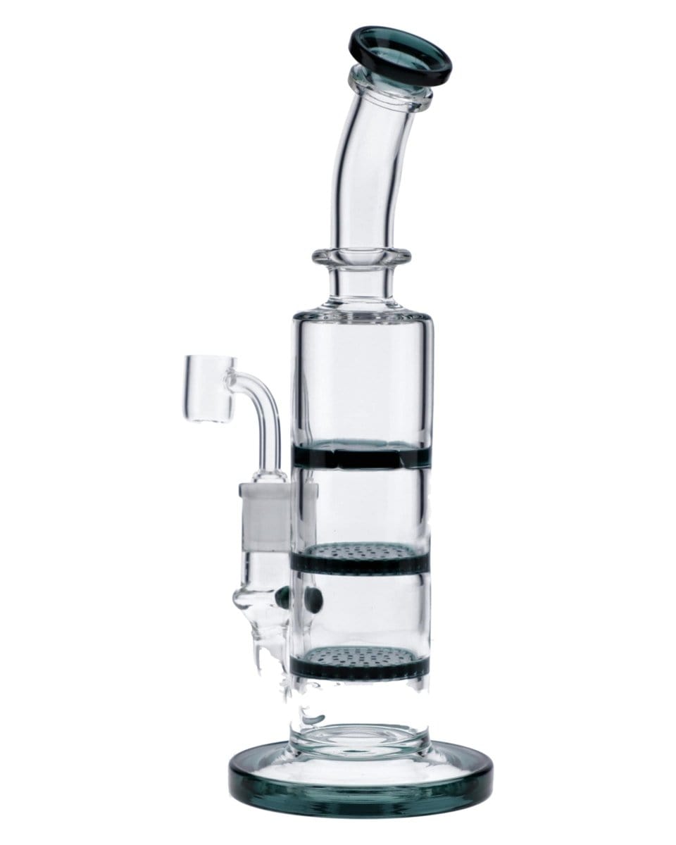 A three-quarter view of the 9.5" Triple Honeycomb Dab Rig, showcasing its clear glass construction and honeycomb percolator.