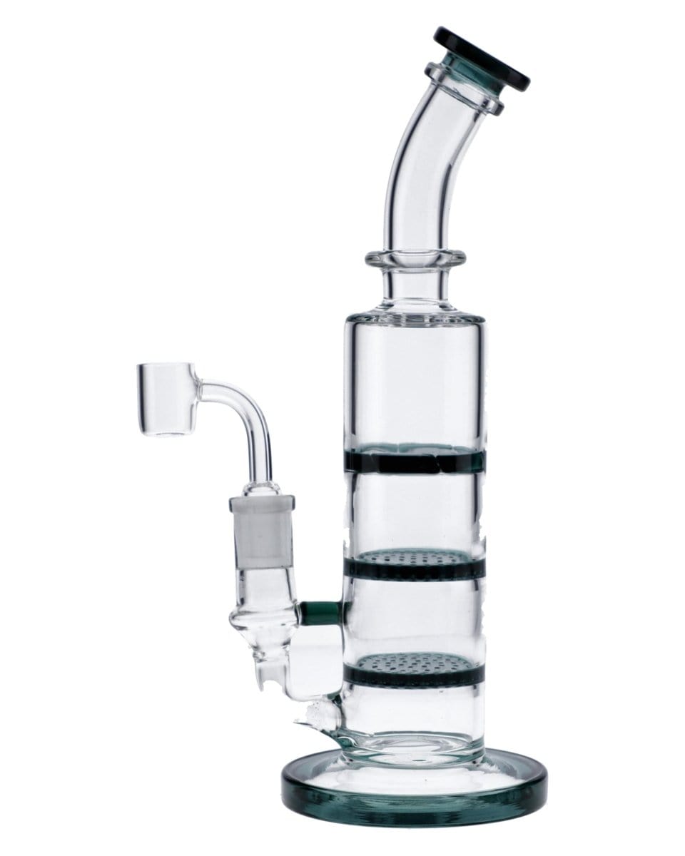 Front view of the 9.5" Triple Honeycomb Dab Rig, showcasing its clear glass construction and stacked honeycomb perc diffusion.