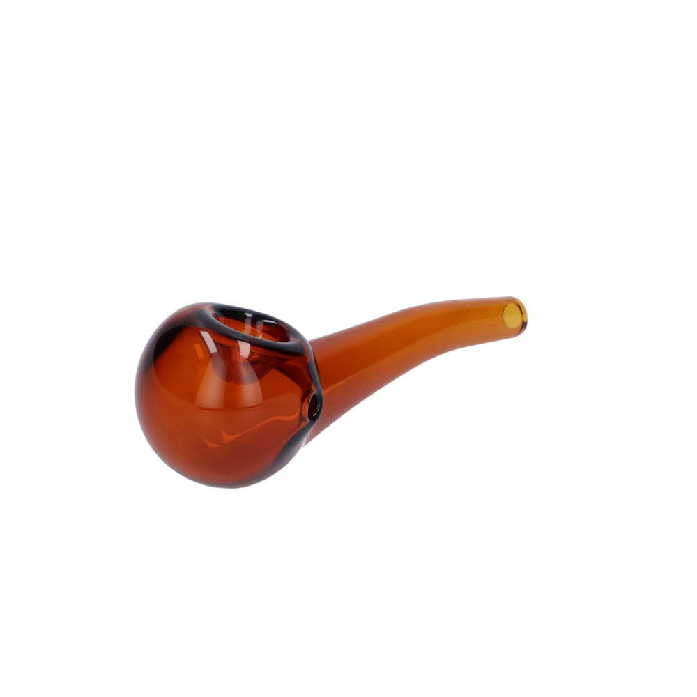 A side view of the Everyday Essentials 4" Bent Spoon Pipe, showing its curved shape and smooth, brown glass finish.