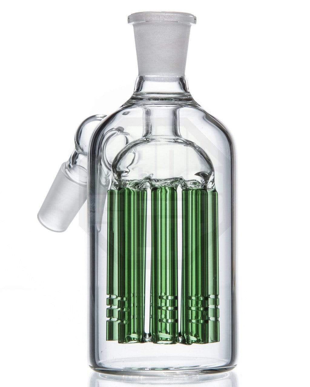 Front view of the Green 8-Arm Tree Perc Ashcatcher, displaying its clear glass construction and multiple percolator arms.
