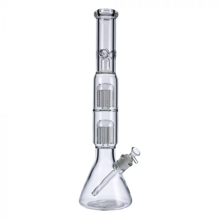 A front view of the 16-inch Beaker Base Ice Bong with Double Tree Perc, showcasing its clear glass construction and perc diffusion.