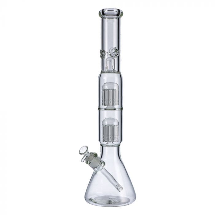 A front view of the 16-inch Beaker Base Ice Bong with Double Tree Perc, highlighting the clear glass construction and percolator design.