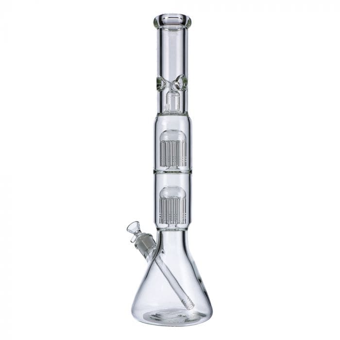 A straight-on view of the 16-inch Beaker Base Ice Bong with Double Tree Perc, showcasing its clear glass construction.