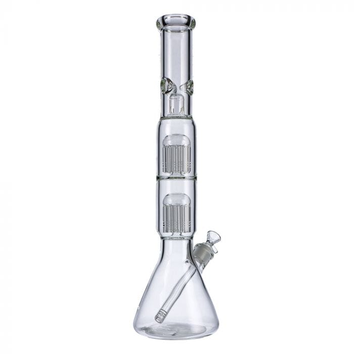 A front view of the 16-inch Beaker Base Ice Bong with Double Tree Perc, showcasing its clear glass construction and layered filtration system.
