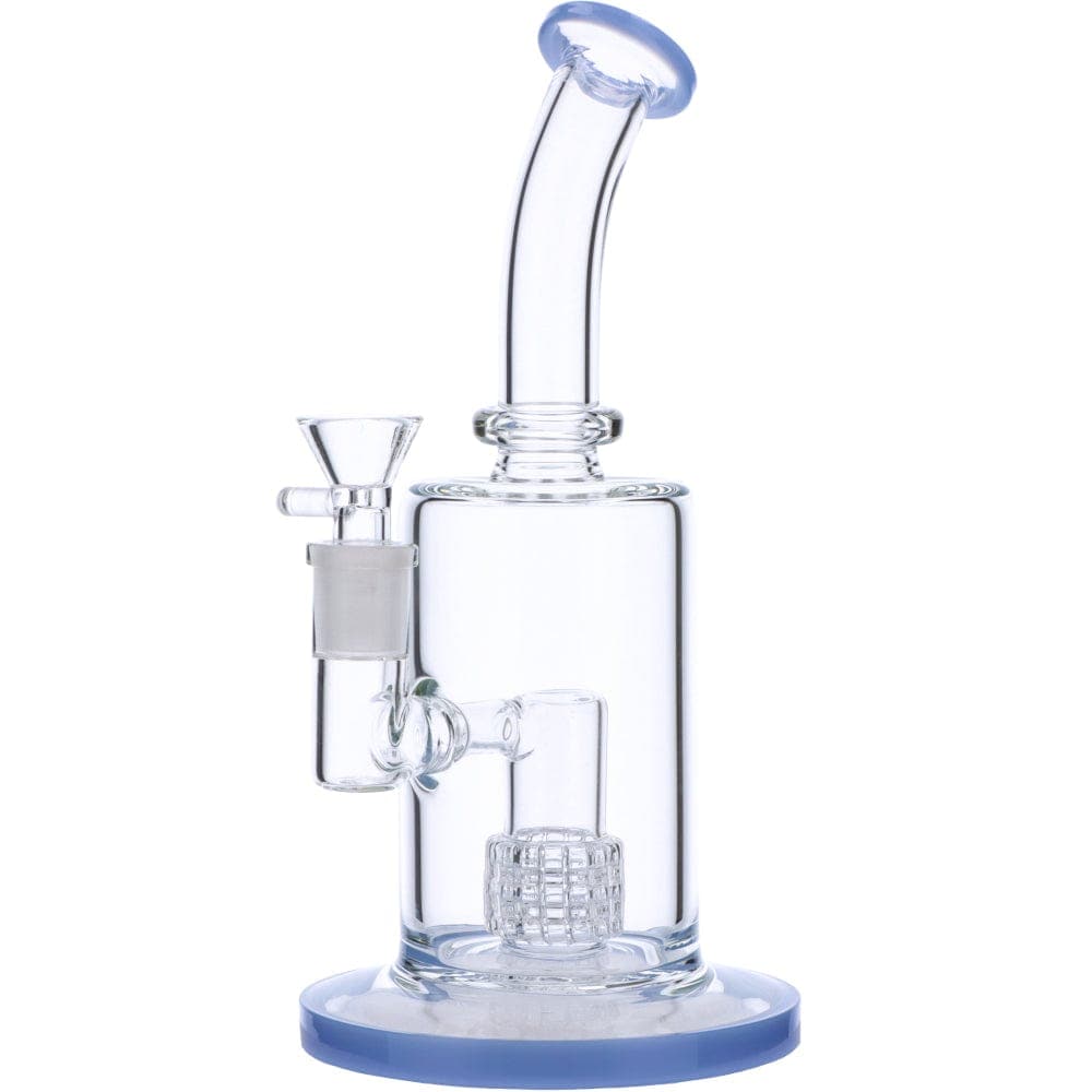 Front view of the Bent Neck Water Pipe w/Matrix, showing a clear glass pipe with a blue base and curved neck.