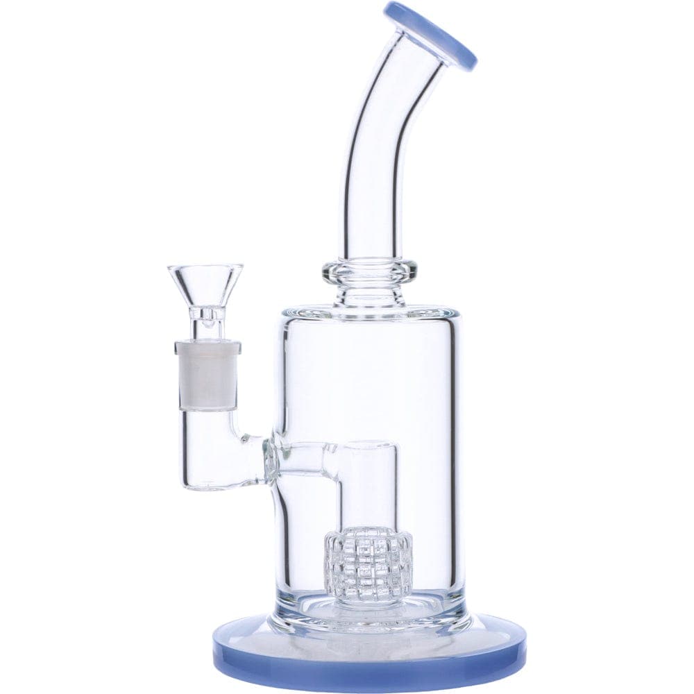 Front view of the Bent Neck Water Pipe w/Matrix, showcasing a clear glass pipe with a blue base and bent neck.